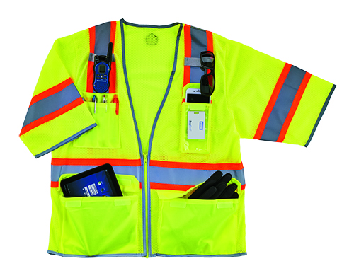 High-visibility vest features several storage pockets